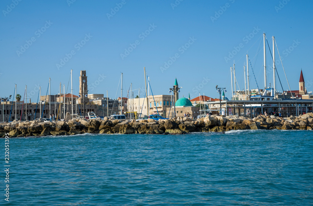 Port of Acre, Sinan Pasha Mosque and the clock tower of Khan el-Umdan