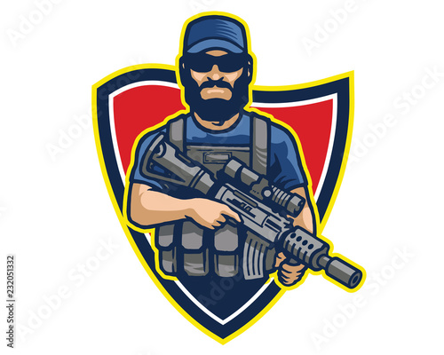 Elite Bearded Male Commando Special Force Unit Soldier Carrying Assault Riffle Logo Mascot