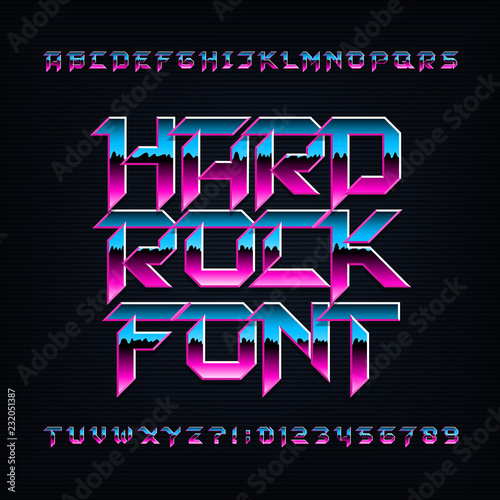 Hard rock alphabet font. Metallic beveled colorful letters, numbers and symbols. Stock vector typescript for your typography design.