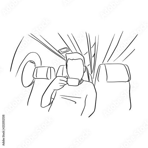 man drinking hot coffee on the plane vector illustration sketch doodle hand drawn with black lines isolated on white background