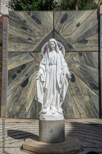 Statue of Virgin Mary in courtyard of the Basilica of the Annunciation or Church of the Annunciation in Nazareth, Israel
