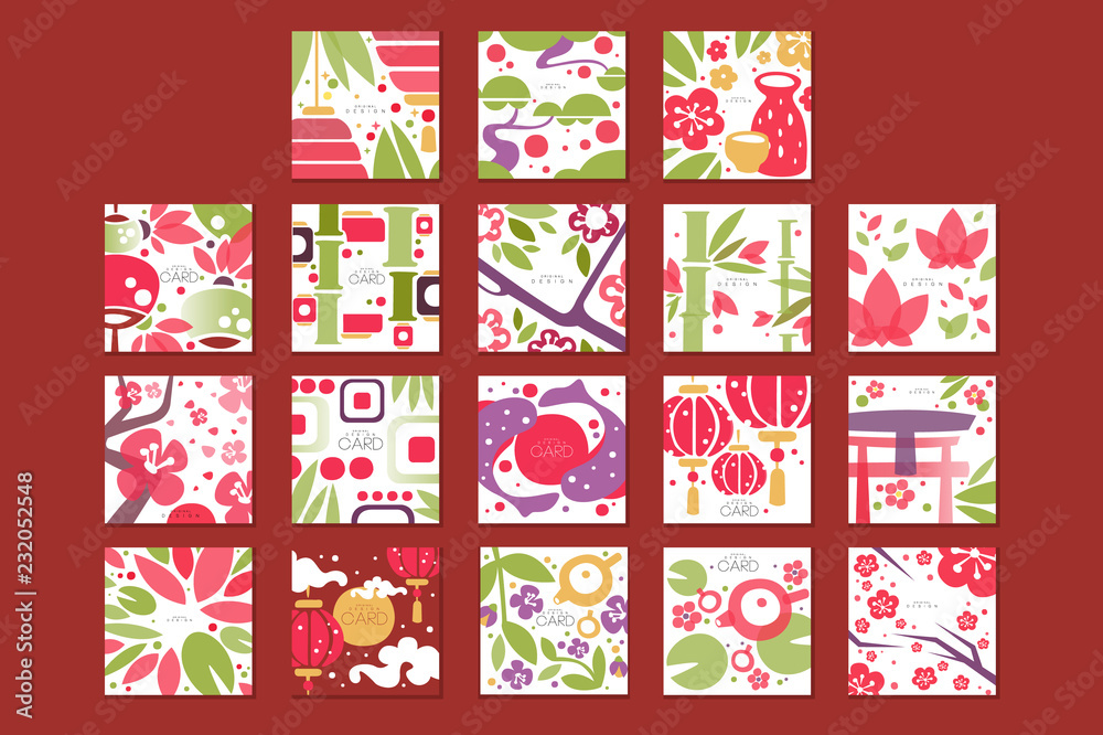 Fototapeta premium Cards with traditional asian pattern, original design, decorative template texture colorful vector illustrations