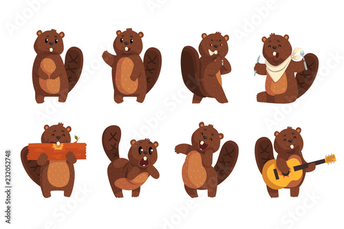 Cute funny character beaver in different actions set of cartoon vector Illustrations on a white background