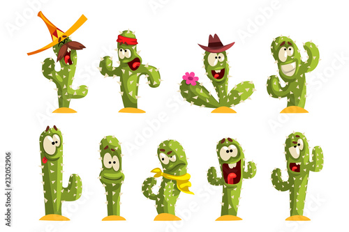 Cactus characters sett, funny cacti with different emotions vector Illustrations on a white background