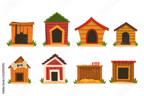 Wooden dog house set, dogs kennel cartoon vector Illustrations
