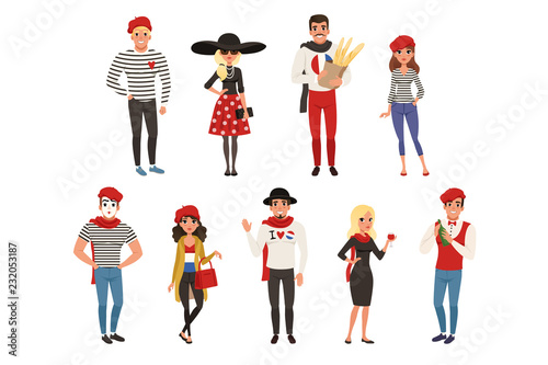 French male and female characters, people dressed in traditional Parisian style vector Illustrations