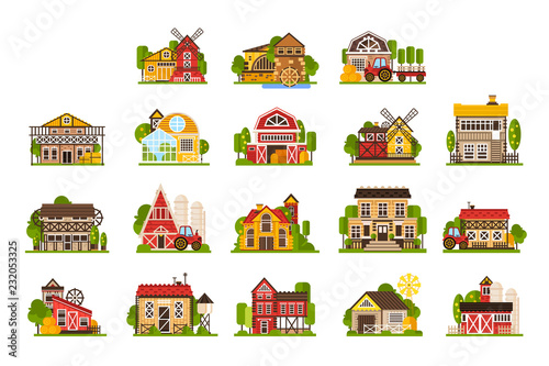 Farm houses and buildings set, agriculture industry and countryside constructions vector Illustrations on a white background