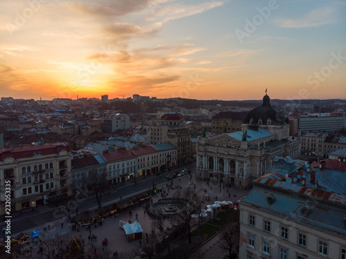 beauty sunset over old european city. birds eye view