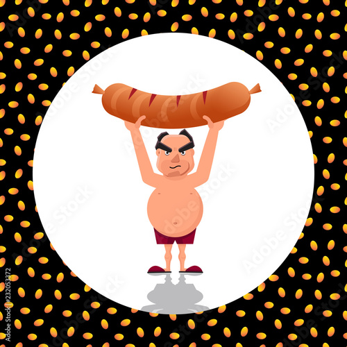 Vector illustration of macho holding a giant sausage