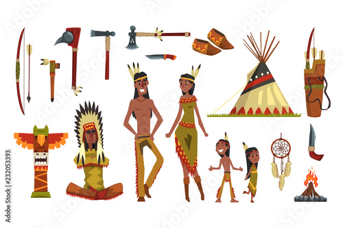 Native american indians and traditional clothes set, weapons and cultural symbols vector Illustrations