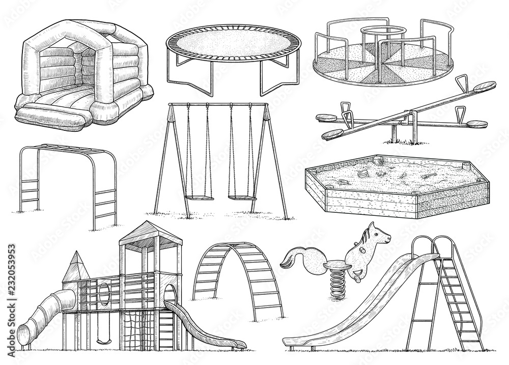 Playground equipment collection, illustration, drawing, engraving, ink, line art, vector