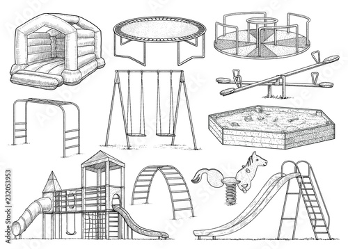 Playground equipment collection, illustration, drawing, engraving, ink, line art, vector