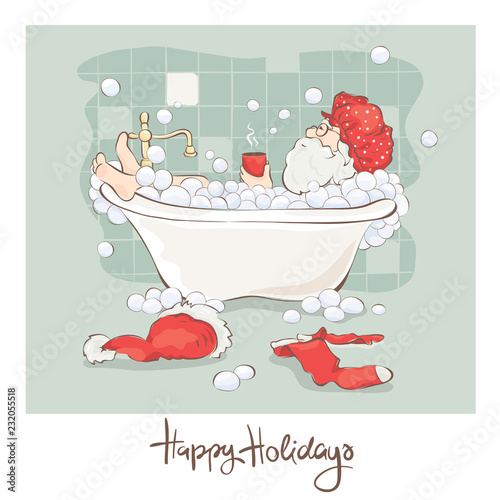 Santa after work / Grandfather relaxing in a bath with a cup of hot drink, funny postcard