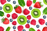 Mix  berries isolated on white background, top view. Strawberry, Raspberry, KIWI fruits, Blueberries  and Mint leaf, flat lay.