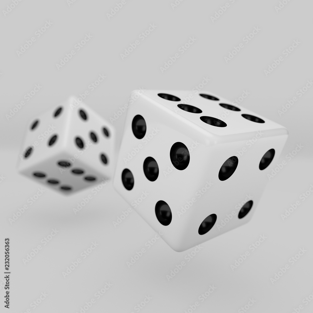 White dice with black dots showing different numbers and defocused cube in background isolated on white