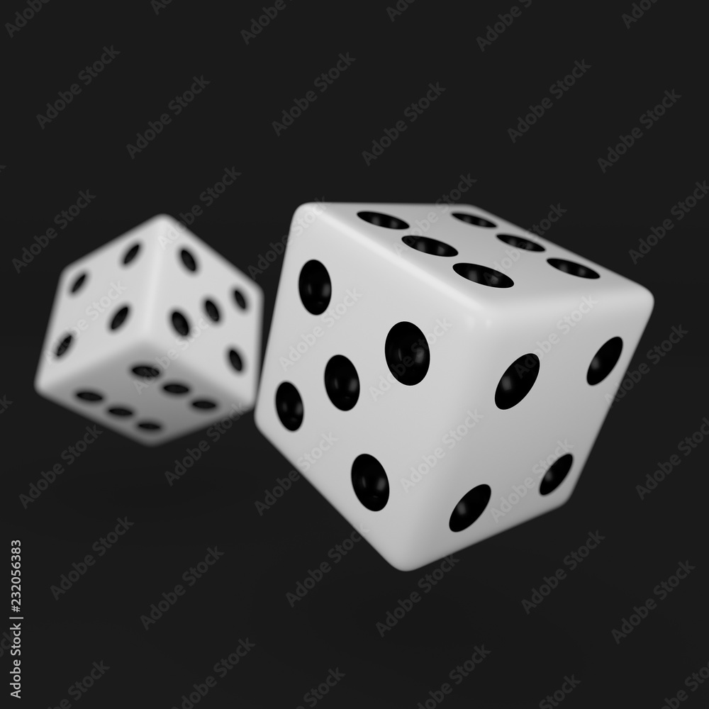 White dice with black dots showing different numbers and defocused cube in background isolated on black White dice with black dots showing different numbers and defocused cube in background isolated on black