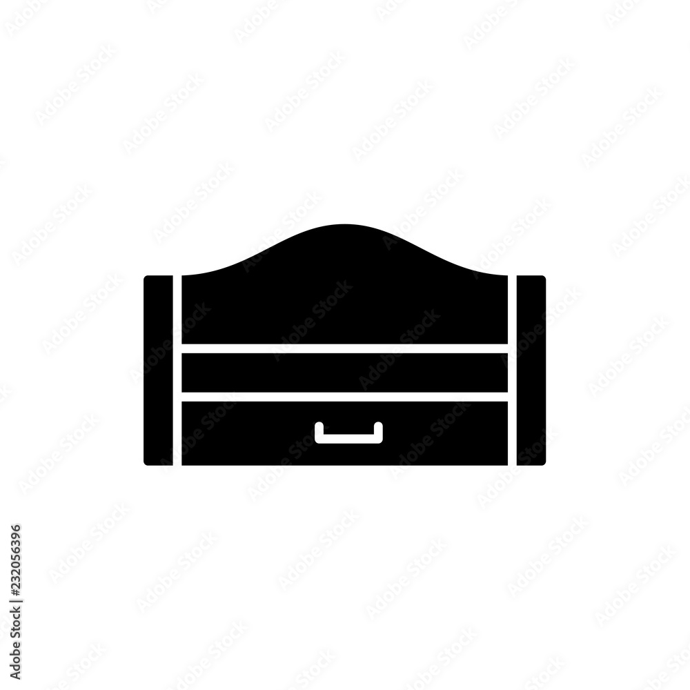Black & white vector illustration of wooden pull-out sleeper. Modern sofa with bed. Flat icon of settee with headboard. Isolated object Black & white vector illustration of wooden pull-out sleeper. Modern sofa with bed. Flat icon of settee with headboard. Isolated object