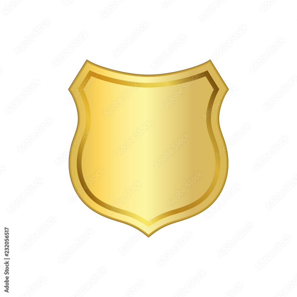 Gold shield shape icon. 3D golden emblem sign isolated on white background. Symbol of security, power, protection. Badge shape shield graphic design. Vector illustration Gold shield shape icon. 3D golden emblem sign isolated on white background. Symbol of security, power, protection. Badge shape shield graphic design. Vector illustration