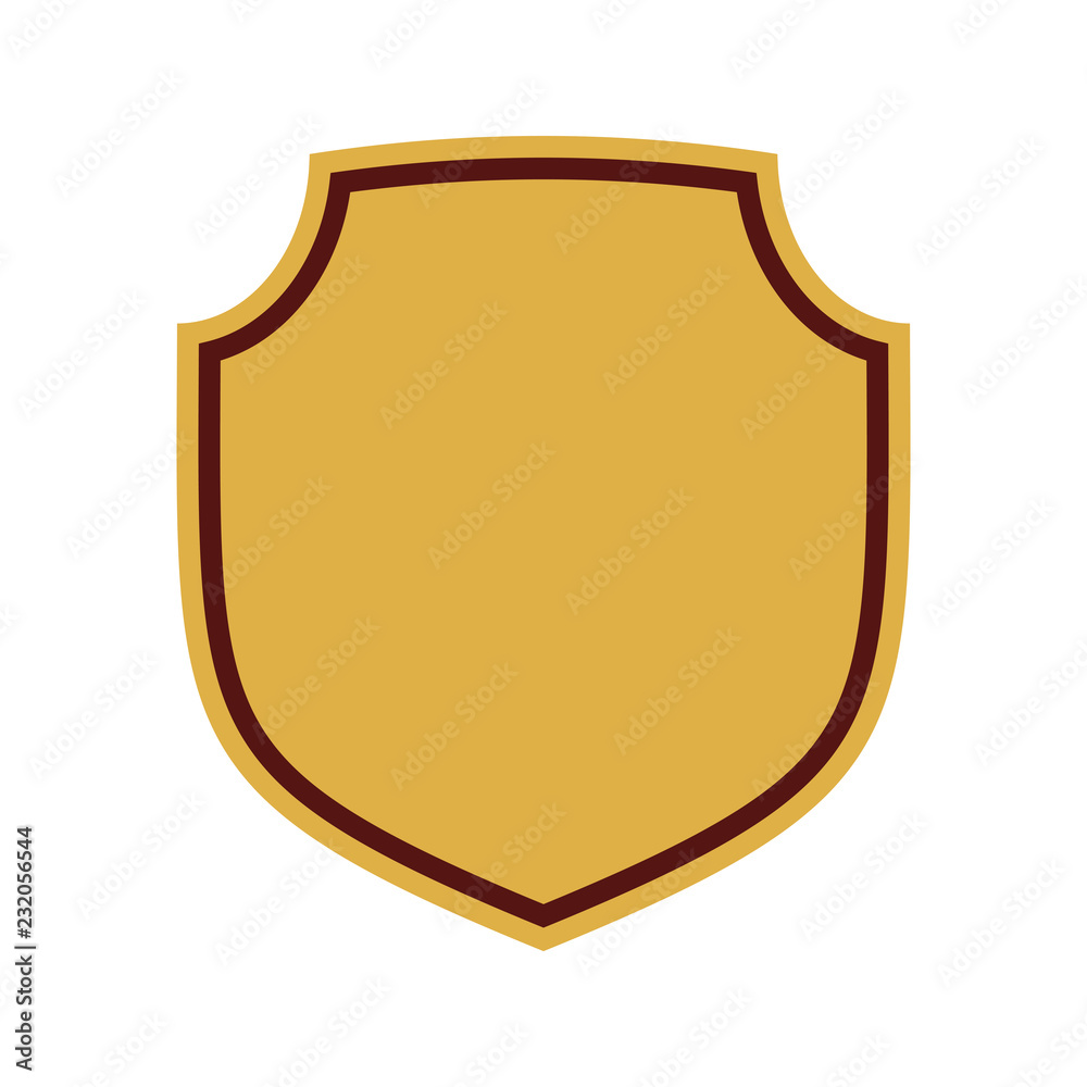 Shield shape gold icon. Simple flat logo on white background. Symbol of security, protection, safety, strong. Element badge for secure protect design emblem decoration Vector illustration Shield shape gold icon. Simple flat logo on white background. Symbol of security, protection, safety, strong. Element badge for secure protect design emblem decoration Vector illustration