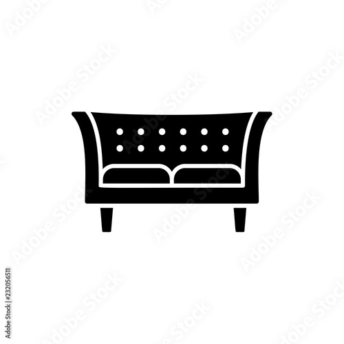 Black & white vector illustration of tuxedo sofa. Modern chesterfield. Flat icon of settee. Home & office furniture. Isolated object