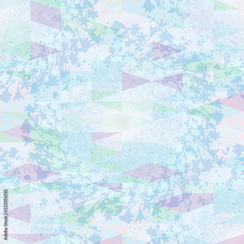 Abstract floral geometric seamless pattern with flowers and triangles. Psychodelic pattern in light pastel for textiles, sportswear, swimwear, paper, web, apparel.