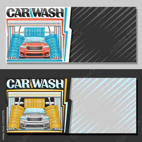 Vector banners for automatic Car Wash with copy space, illustration of red sport car, flowing water, yellow rotating brushing rollers, original typeface for blue words car wash, on abstract background