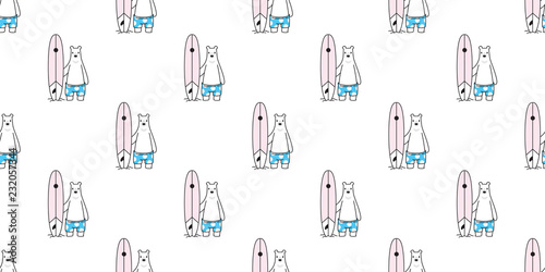 Bear seamless pattern vector Polar Bear surf beach surfboard ocean wave summer cartoon scarf isolated tile background gift wrap repeat wallpaper