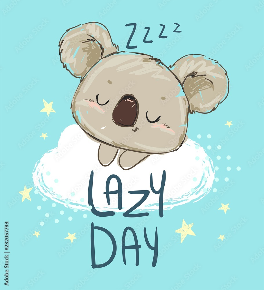 Beautiful Cute childish print with koala. Sketch Hand Drawn Animal koala  and phrase - Lazy Day. Textile design Vector illustration. Stock Vector |  Adobe Stock