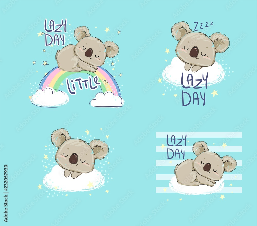 Beautiful Cute childish print Set with koala. Sketch Hand Drawn Animal koala and phrase - Lazy Day. Textile design Vector illustration. Beautiful Cute childish print Set with koala. Sketch Hand Drawn Animal koala and phrase - Lazy Day. Textile design Vector illustration.