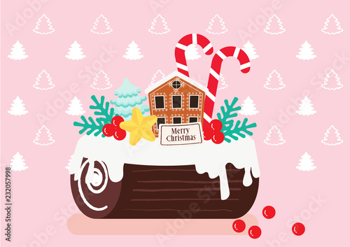 christmas log cake celebration background vector