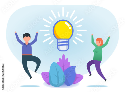 People jumping with big idea light bulb. Creative team, inspiration, imagination. Flat style vector illustration
