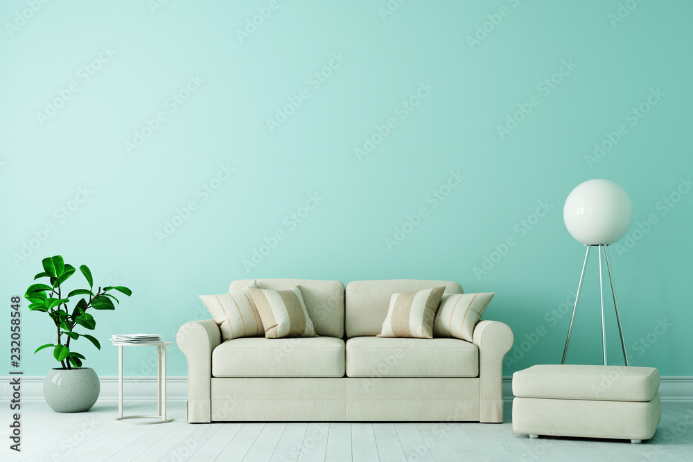 Sofa in Altbau Wohnzimmer mit freier grüner Wand - obrazy, fototapety, plakaty 
