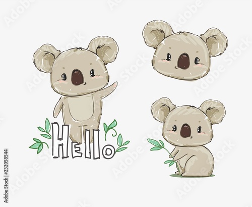 Beautiful Cute childish print Set with koala. Sketch Hand Drawn Animal koala textile design Vector illustration.