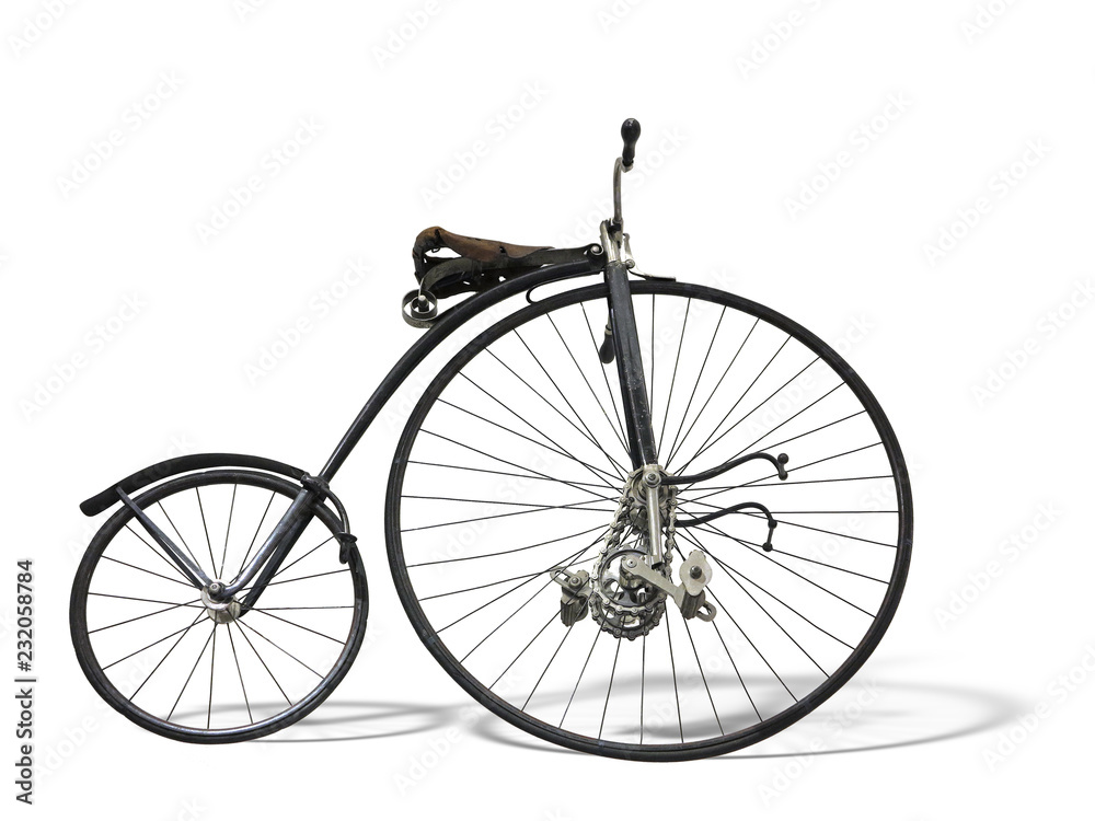 Vintage old retro bicycle isolated on white background
