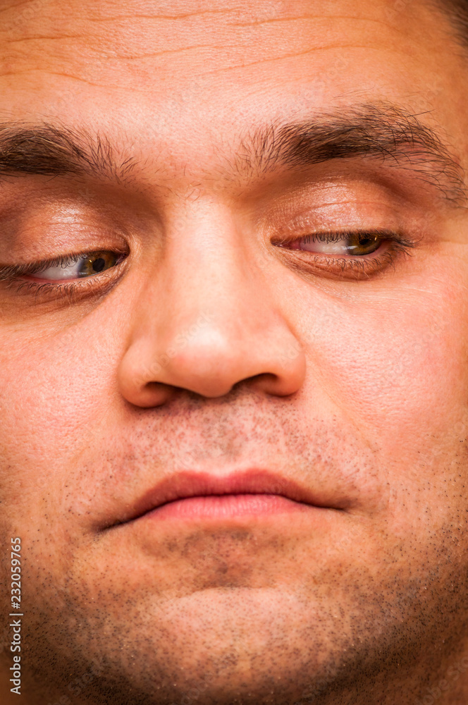 Looking left, pry man. Facial expression, emoji face, emotion close-up. Looking left, pry man. Facial expression, emoji face, emotion close-up.