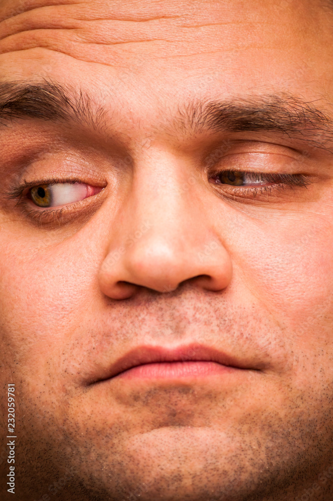Looking right, pry man. Facial expression, emoji face, emotion close-up. Looking right, pry man. Facial expression, emoji face, emotion close-up.