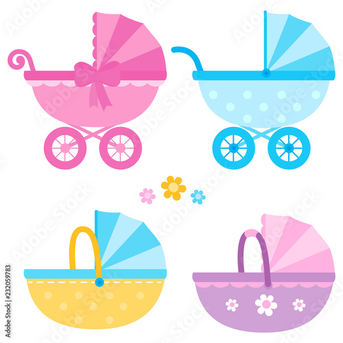 Baby strollers and bassinets. Vector illustration set