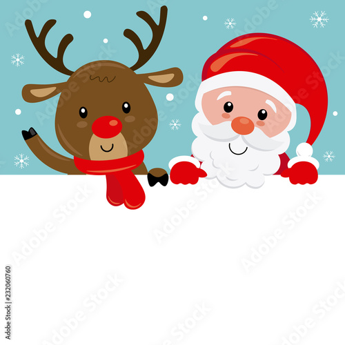 Christmas card. Santa Claus and reindeer poster