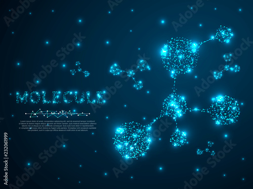 Molecules 3d Concept of neurons and nervous system neon. Low poly wireframe illustration style. Vector polygonal image in the form of a starry sky or space, consisting of points, lines, and shapes