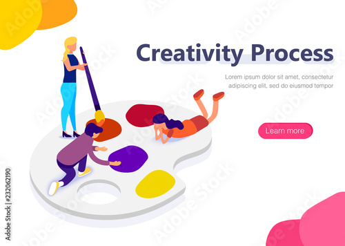People on palette at desighn work. Creative process. Concept for infographics, web banner, landing page. Flat isometric vector illustration.