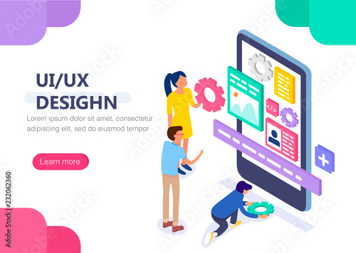 UX / UI design concept with character. Concept for infographics, web banner. Flat isometric vector illustration.