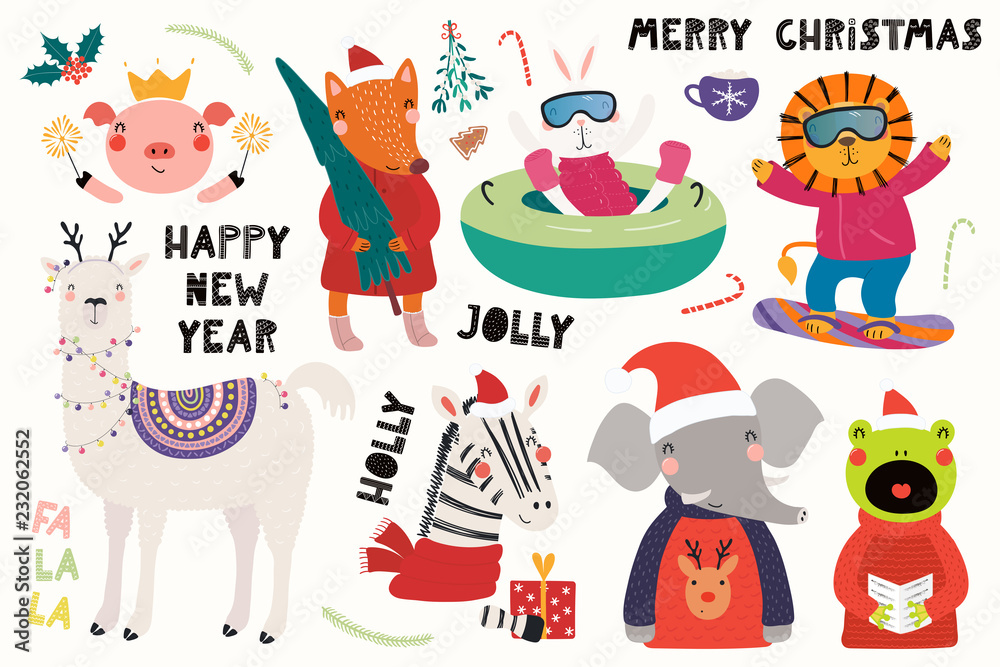 Fototapeta premium Big set with cute animals doing winter, Christmas activities, typography. Isolated objects on white background. Hand drawn vector illustration. Scandinavian style flat design. Concept for kids print.
