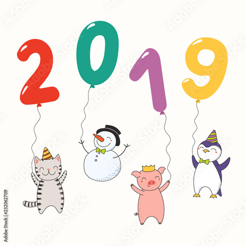 Hand drawn New Year 2019 greeting card  banner with cute funny animals holding numbers made of balloons. Line drawing. Isolated objects. Vector illustration. Design concept for party  celebration.