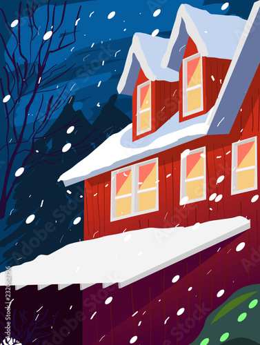 Wallpaper Mural Snowy Christmas red house and night background  Vector illustration  Torontodigital.ca