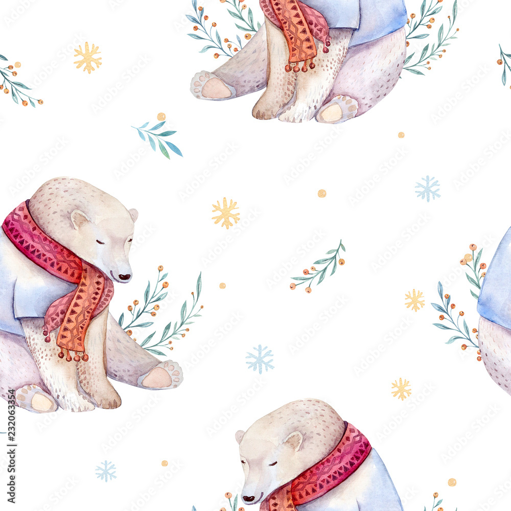 Fototapeta premium Watercolor holiday seamless pattern of a cute polar bear and deer, winter print, children's illustration, portrait of a bear, isolated new year on a white background, animal in a red scarf