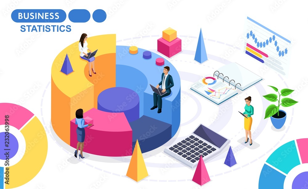 Isometric Concept of the collection and analysis of data on the work of the project. Isometric people on the move. Concepts for web banners and printed materials