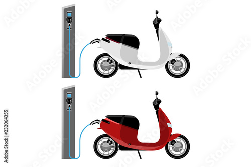 Set of electric scooters with charging stations. Vector illustration EPS 10