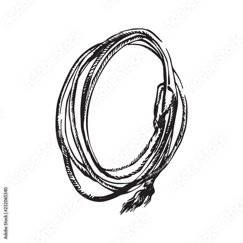 Hand drawn lasso rope. Rodeo cowboy props vector illustration. Black isolated on white background photo