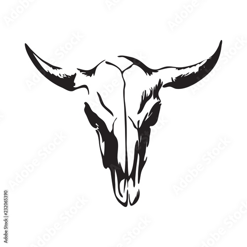Hand drawn bison skull. Buffalo cranium vector illustration. Black isolated on white background
