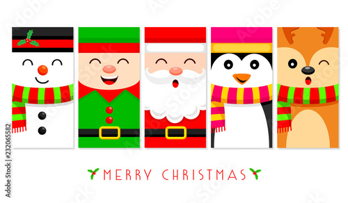 Cute snowman, christmas elf, santa claus, penguin and reindeer in flat design. Vector illustration, christmas character greeting template design for label, tag, bookmark, card and print.
